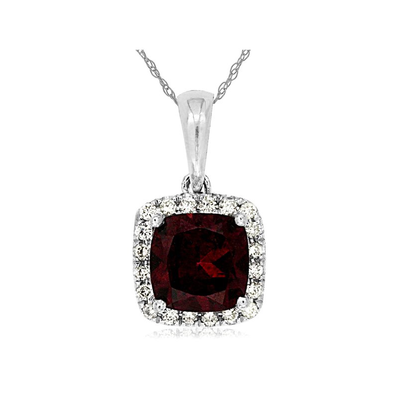 14 Karat White Gold Cushion Garnet 1.20 carat total weight & Diamond Halo .11 carat total weight Pendant Necklace total length 18