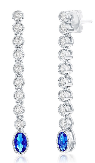 Sterling Silver Beaded Outline Oval & Round CZ Earrings - Sapphire (99683)