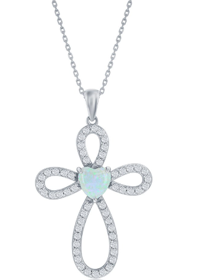 Sterling Silver White Opal & CZ Cross Pendant (99684)