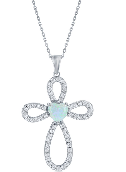 Sterling Silver White Opal &amp; CZ Cross Pendant With Chain.