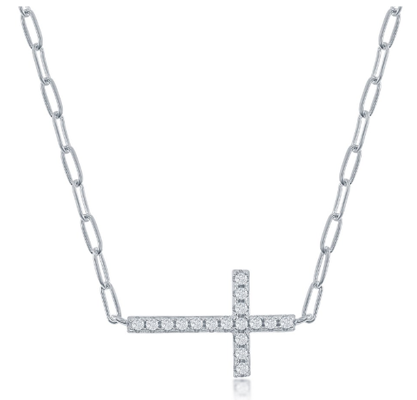 Sterling Silver CZ Sideways Cross Paperclip Necklace (99685)