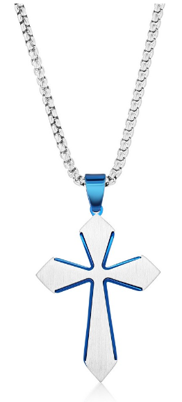 Stainless Steel Brushed Cross Necklace  24 inches- Blue Plated (99687)