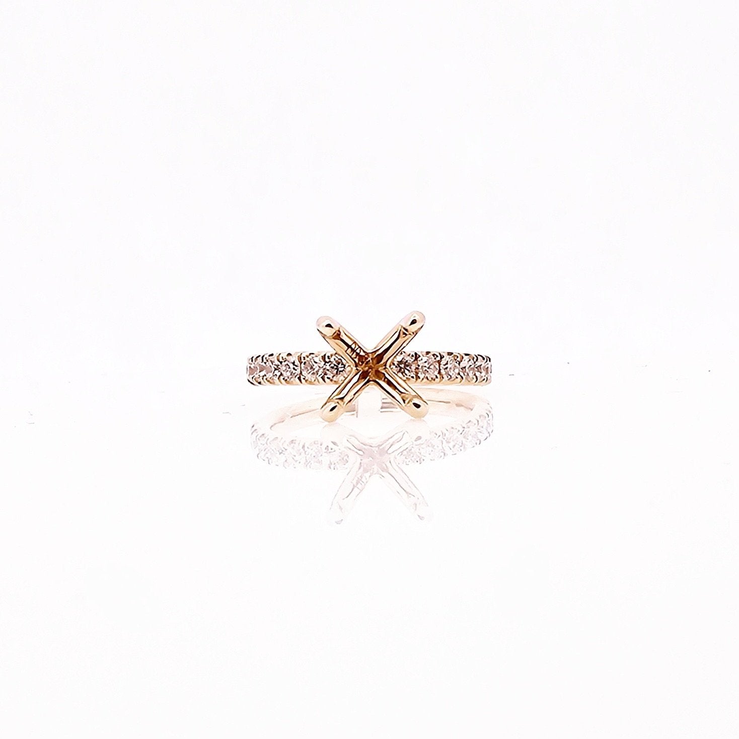 14K Yellow Gold Round brilliant cut diamond semi-mount low profile Engagement Ring Semi-Mount 