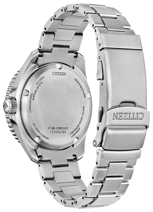 Back of Citizen Promaster Dive watch showing the engraved stainless steel case back, silver-tone bracelet and clasp.