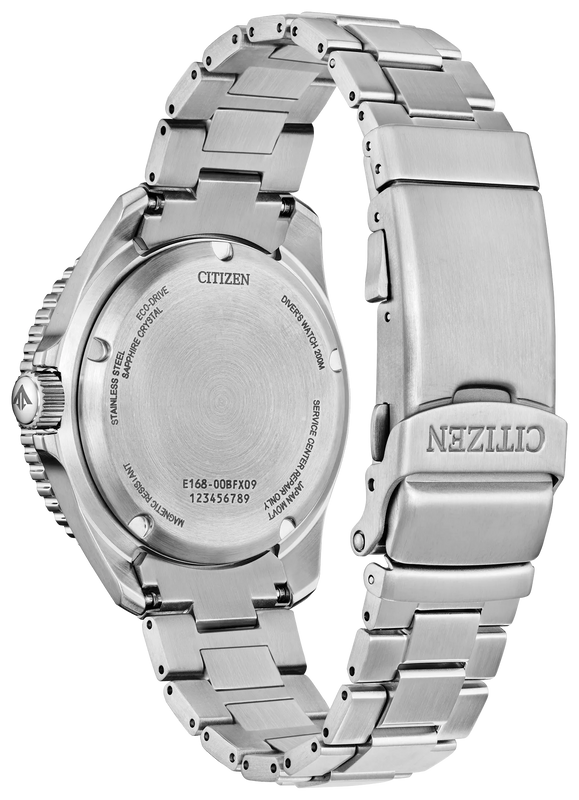 Back of Citizen Promaster Dive watch showing the engraved stainless steel case back, silver-tone bracelet and clasp.