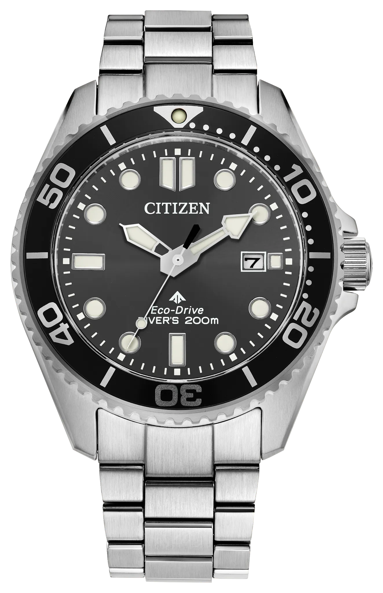 Front: Citizen Promaster Dive watch with black dial and bezel, luminous hands and markers, date window and silver-tone bracelet.