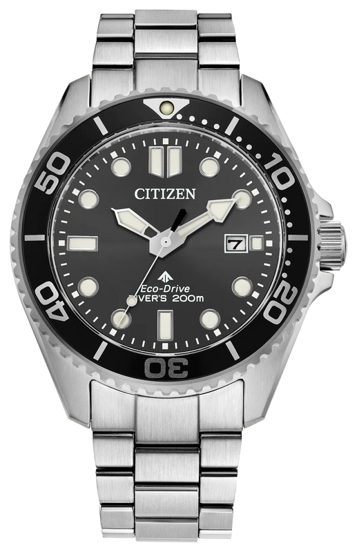 Front: Citizen Promaster Dive watch with black dial and bezel, luminous hands and markers, date window and silver-tone bracelet.
