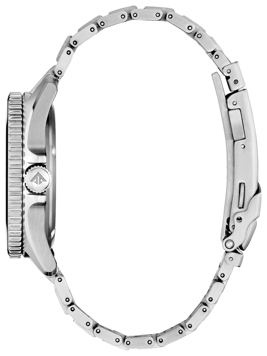 Side view of Citizen Promaster Dive watch showing the silver-tone case, crown, ridged bezel and stainless steel bracelet.