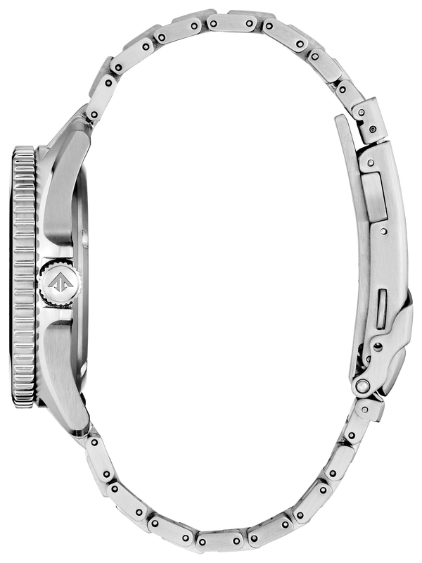 Side view of Citizen Promaster Dive watch showing the silver-tone case, crown, ridged bezel and stainless steel bracelet.