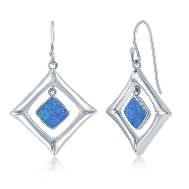 Sterling Silver Created Blue Opal Diamond Shape Earrings (96595)