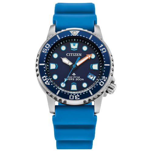 Submerge yourself in the latest Dive watch to join Citizen’s innovative Promaster line. The new timepiece features a smaller, versatile 37mm case size with a silver-tone stainless steel exterior complete with an easy-grip dive bezel and screw-down crown at 4 o’clock, with the bold design secured to the wrist via a bright blue polyurethane strap.