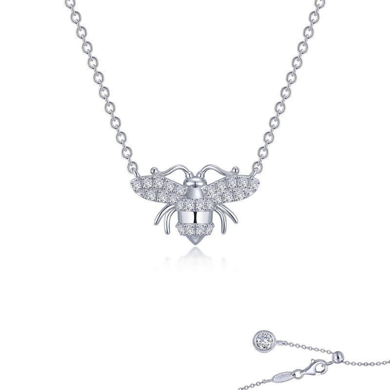 Fun and sweet. Wear on its own or add to your favorite layer of necklaces. This adjustable busy bee necklace features Lafonn's signature simulated diamonds in sterling silver bonded with platinum. Bee is a symbol of hard work, commitment, and resilience.  CTW: 0.49 SKU: N0253CLP20 STONE COUNT: 25 CENTER STONE: N/A DIMENSION: Approx. 16.7 mm (W) x 10.3 mm (H) LENGTH: Approximate length: 20 inches 