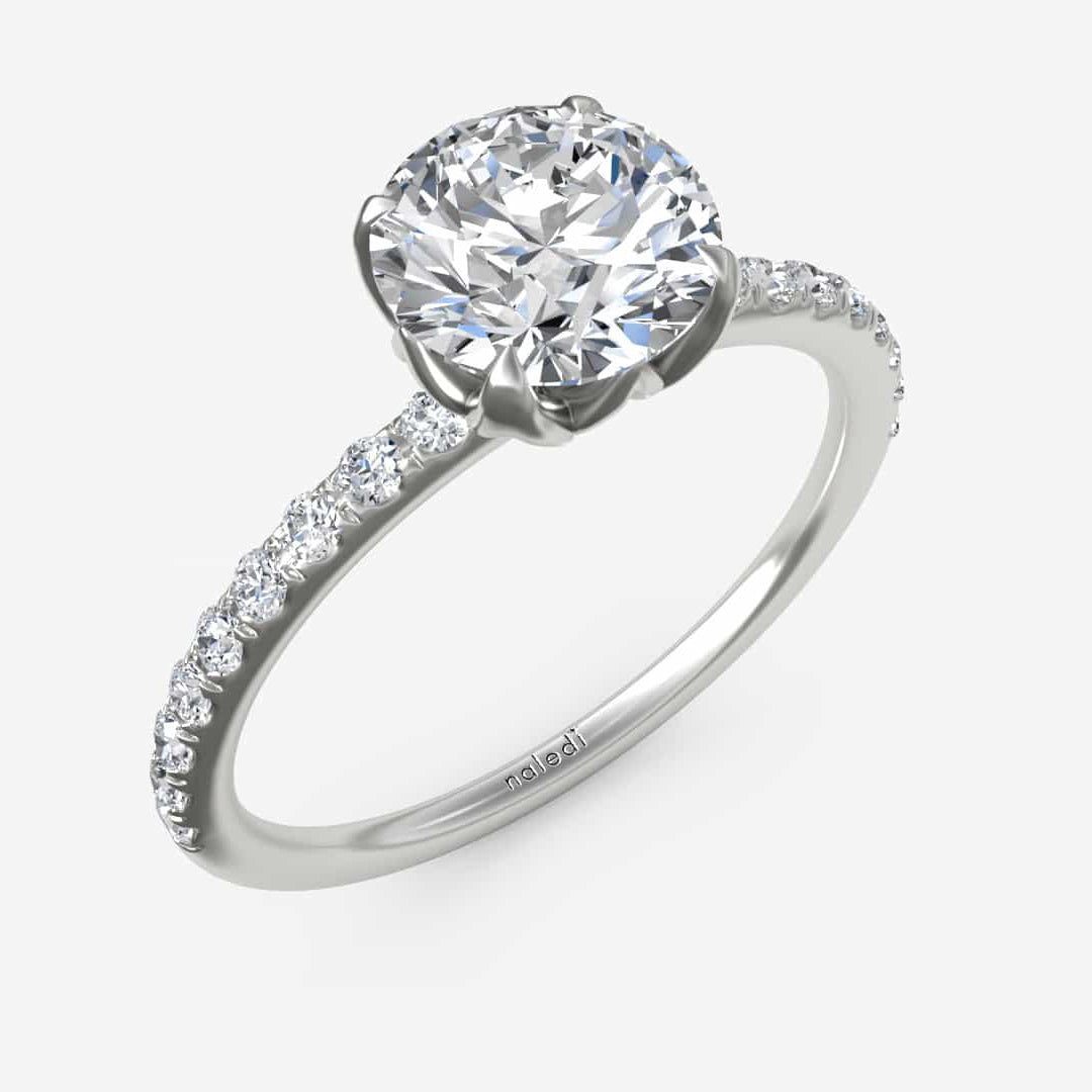 Naledi 14K white gold semi mount ring with oval-cut center setting, featuring a 4-prong tulip head and polished cathedral-style design (center stone not included)
