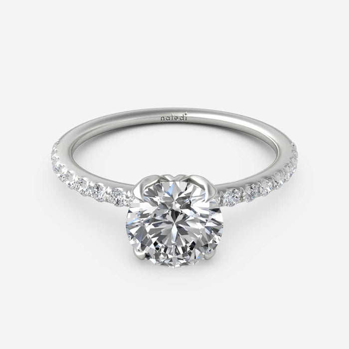 Naledi 14K white gold semi mount ring with oval-cut center setting, featuring a 4-prong tulip head and polished cathedral-style design (center stone not included)