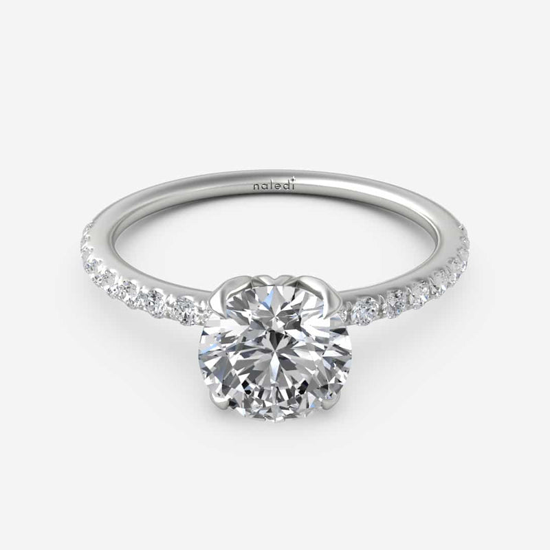 Naledi 14K white gold semi mount ring with oval-cut center setting, featuring a 4-prong tulip head and polished cathedral-style design (center stone not included)