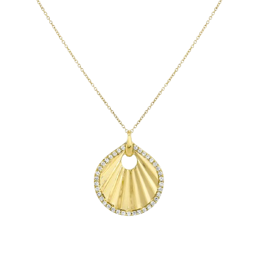 Linéaire Sculpted Shell Diamond Pendant 14K Yellow Gold and .52   18 inch chain.