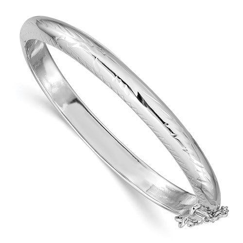 Sterling Silver Rhodium-plated Polished and Diamond-cut 4mm with Safety Clasp Hinged Children's Bangle