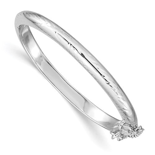 Sterling Silver Rhodium-plated Polished and Diamond-cut 4mm with Safety Clasp Hinged Children's Bangle (98879)