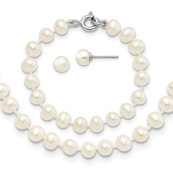 Sterling Silver Madi K Rhodium-plated 5-6mm Semi-round Freshwater Cultured Pearl 12in Necklace, 4in Bracelet and Stud Earring Set.