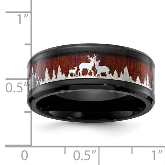 Stainless Steel Polished Black IP-plated with Wood Inlay Deer in Forest Design 9mm Band. Size 10