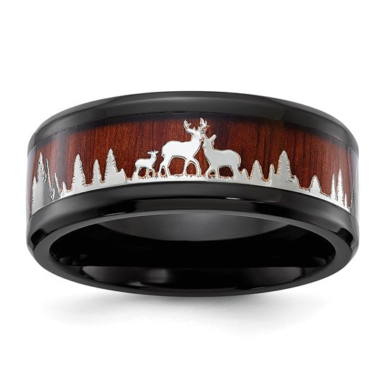 Stainless Steel Polished Black IP-plated with Wood Inlay Deer in Forest Design 9mm Band. Size 9