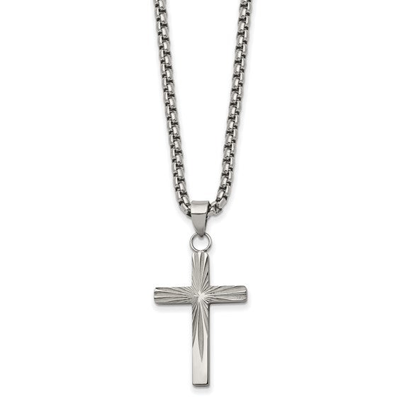 Chisel Stainless Steel Polished and Textured Sunburst Design Cross Pendant Necklace (98456)