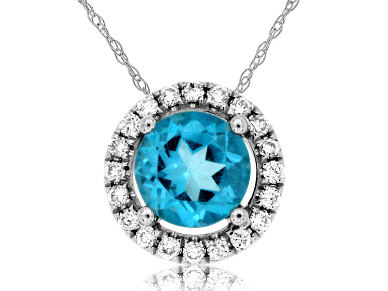 This 14kt white gold pendant showcases a round blue topaz at its center, surrounded by a diamond halo design. The pendant is crafted with high-quality 14 karat white gold. The blue topaz has a weight of .58 carats, while the surrounding diamonds have a total weight of .08 carats. The pendant comes with an 18-inch white gold chain, completing the elegant and timeless look.