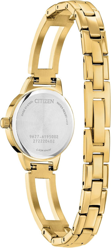 Citizen watch features a black dial with gold-tone stainless-steel case and bracelet. It's delicately adorned with 54 crystals and is water resistant to 50 meters