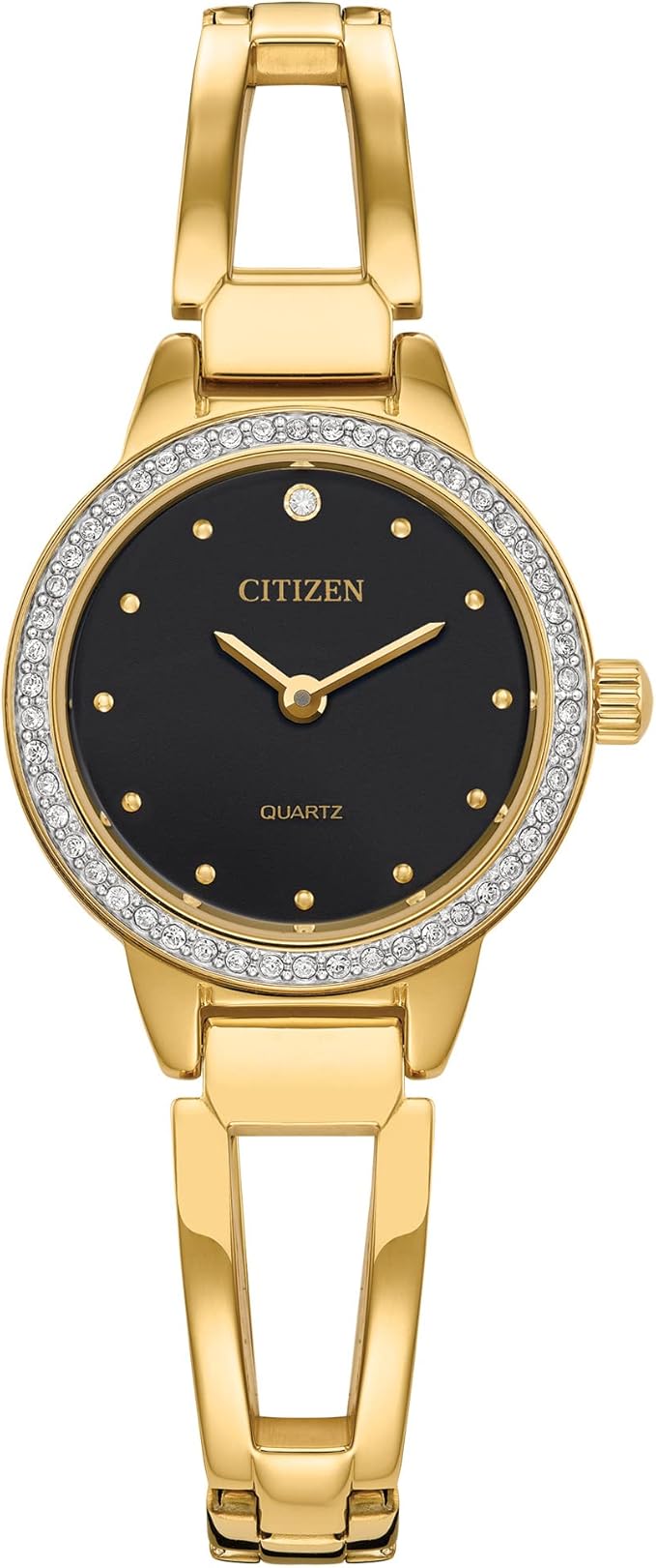 Citizen watch features a black dial with gold-tone stainless-steel case and bracelet. It's delicately adorned with 54 crystals and is water resistant to 50 meters