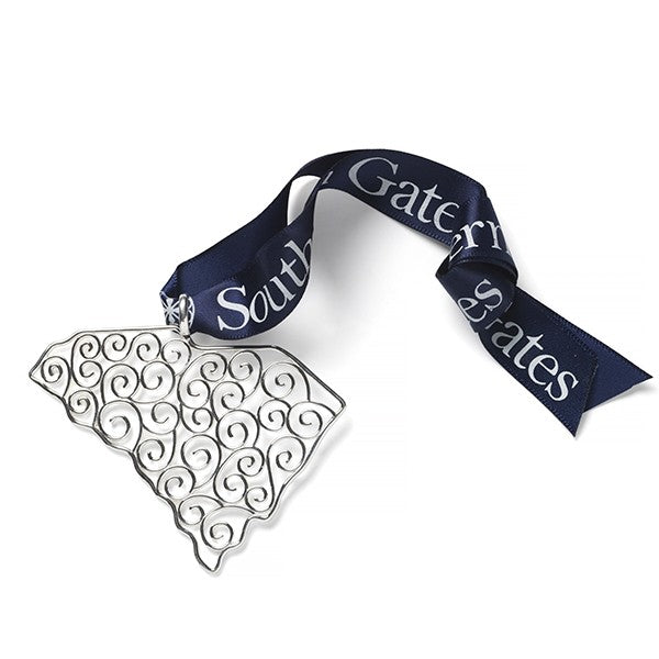 Southern Gates® 2023 Holiday South Carolina Ornament   Holiday Series   Filigree South Carolina Ornament A holiday collectable inspired by 18th and 19th century wrought iron gates throughout the South. Sterling silver plated Includes collectors box and signature Southern Gates® blue ribbon.   Ornament size: 75x75mm