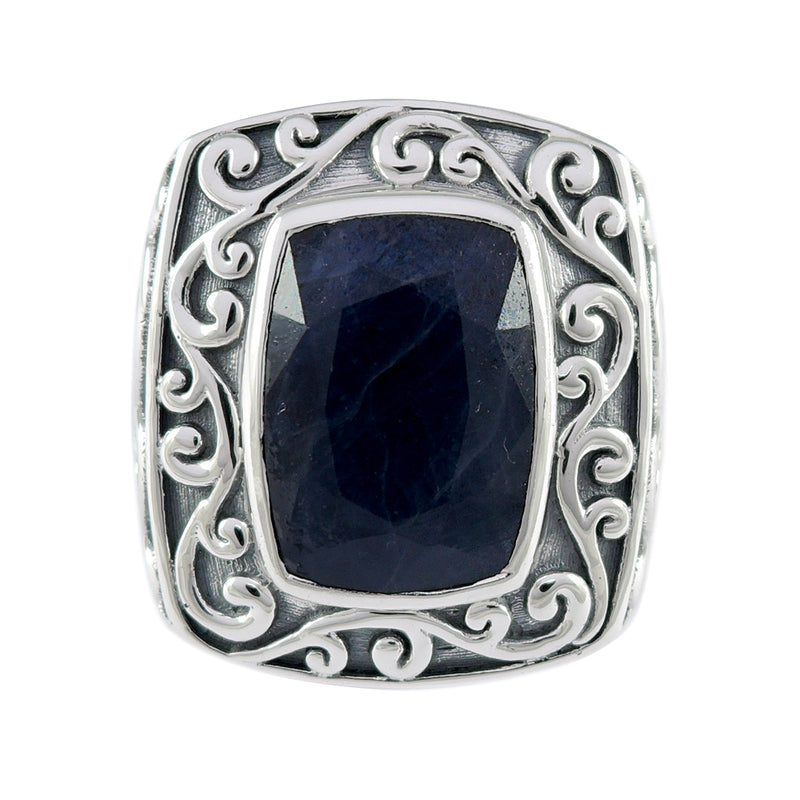 Samuel B Sterling Silver Balinese Design Ring with Cushion Cut Madagascar Blue Sapphire