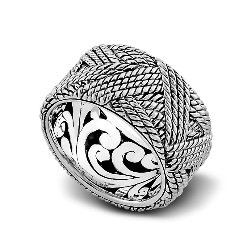 Samuel B. Sterling Silver Woven Rope Design Sano Ring, Size 10. Our Sterling Silver woven rope design ring is handcrafted in Bali by our skilled artisans. Each creation in the Imperial Bali™ Men’s Collections draws its power from mystic dragons, yet bows in reverence to nature and ancient Balinese patterns, weaves and textures.