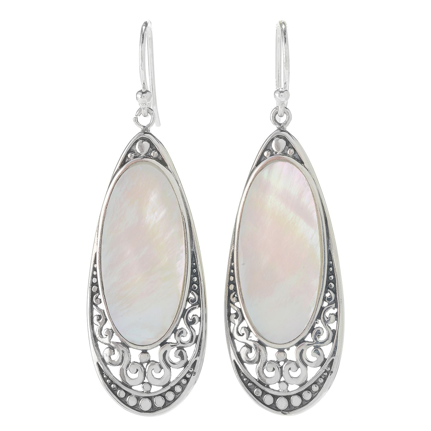 Samuel B Sterling Silver Balinese Design Oval Mother-of-Pearl Drop Earrings