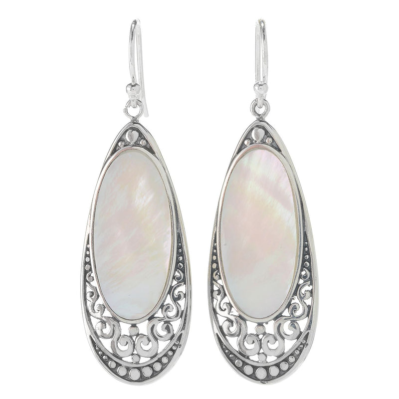 Samuel B Sterling Silver Balinese Design Oval Mother-of-Pearl Drop Earrings