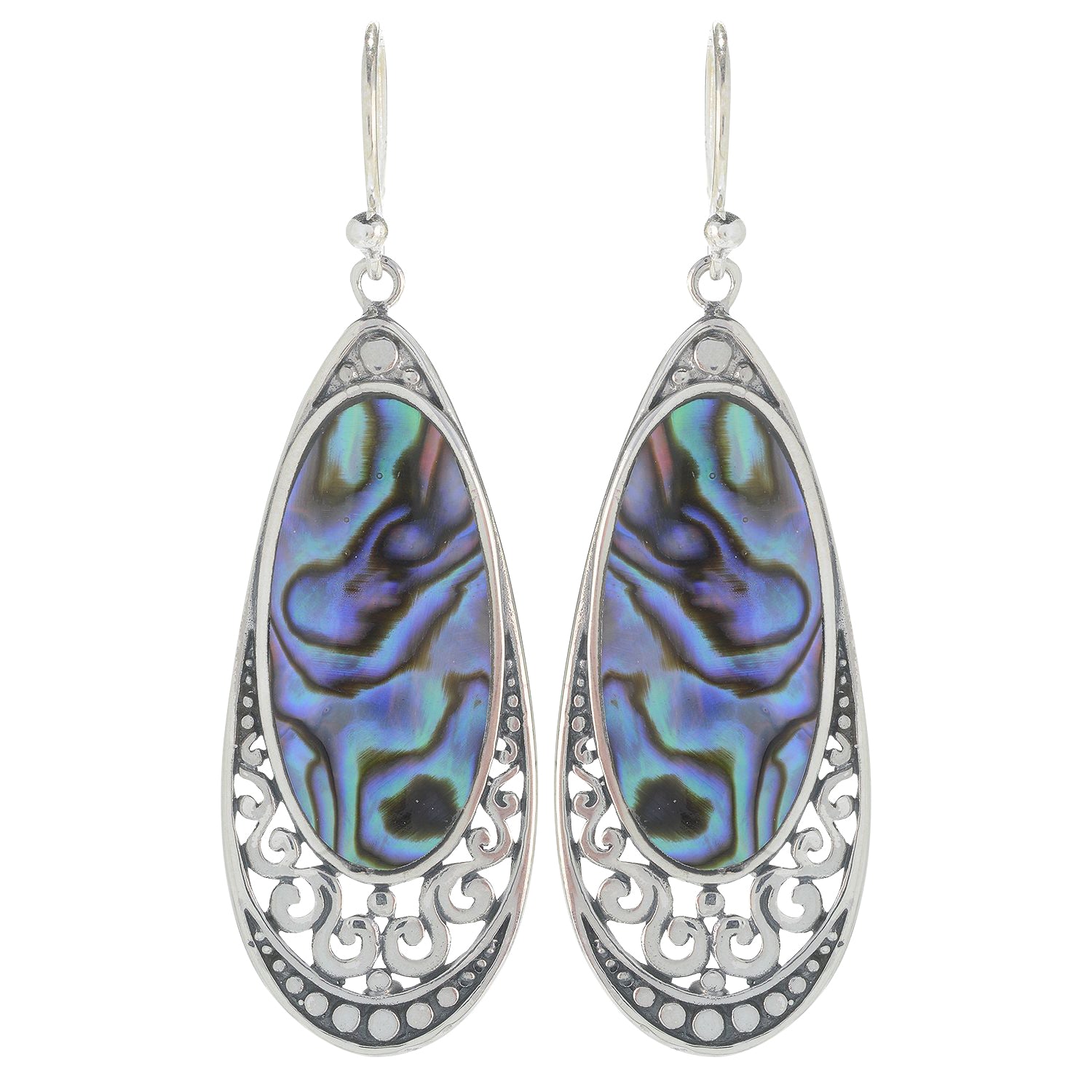 Samuel B. Sterling Silver Balinese Design Oval Abalone Drop Earrings.