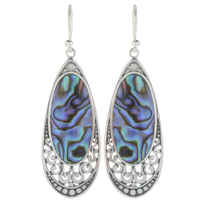 Samuel B. Sterling Silver Balinese Design Oval Abalone Drop Earrings.
