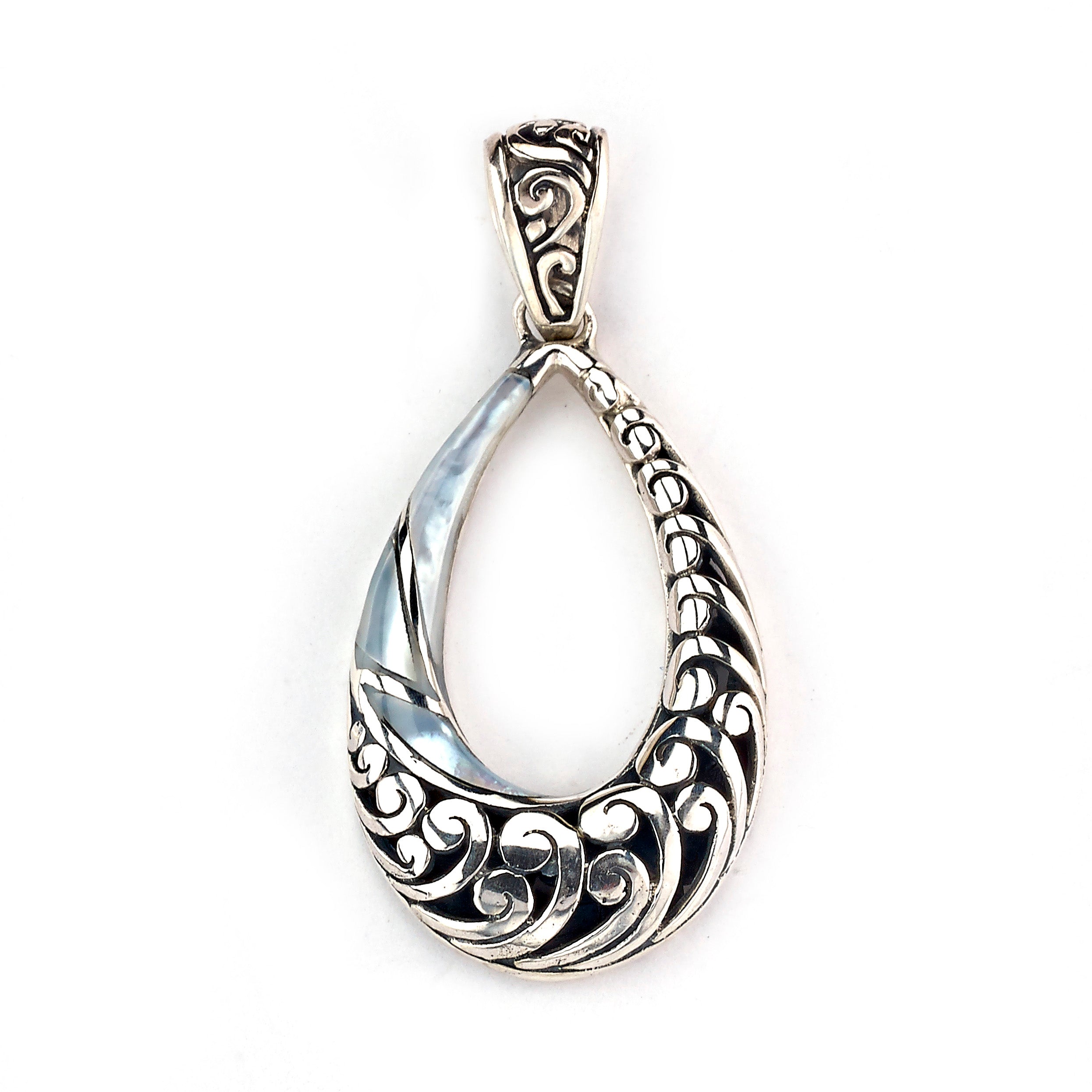Samuel B Sterling Silver Mother-of-Pearl Open Pear-Shaped Balinese Design Pendant