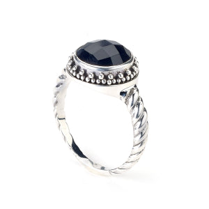 Samuel B Sterling Silver Ring with 10MM Round Checkerboard Cut Onyx Stone and Twisted Rope Design Band