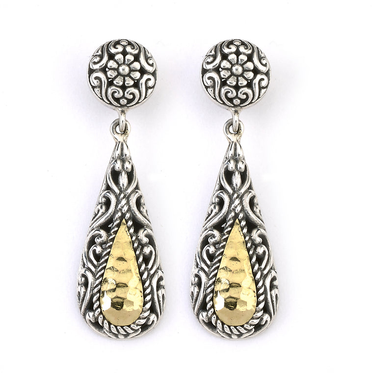 Samuel B. Sterling Silver and 18K Yellow Gold Hammered Design Teardrop Earrings (91441)