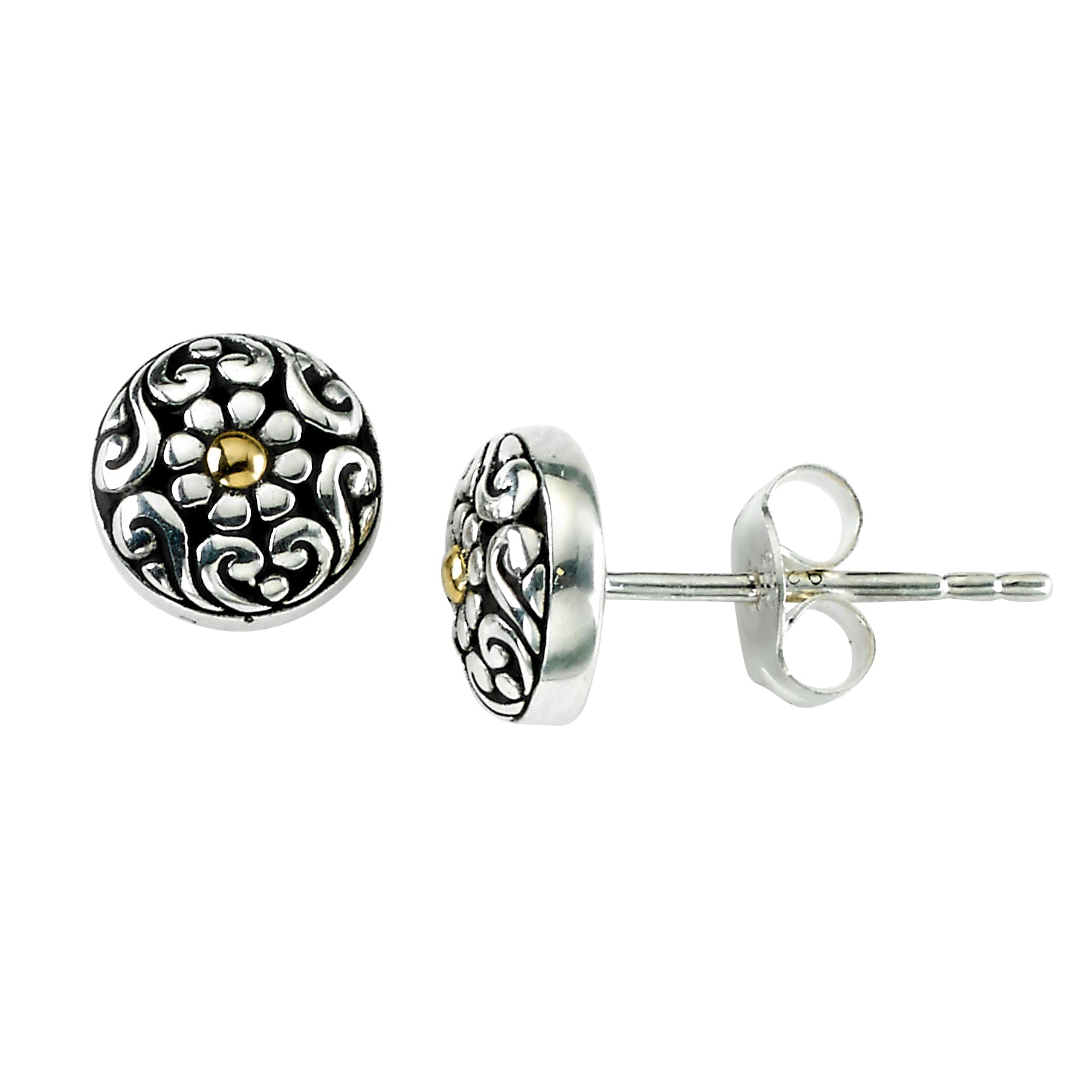 Samuel B Sterling Silver and 18K Yellow Gold Floral Design Stud Earrings