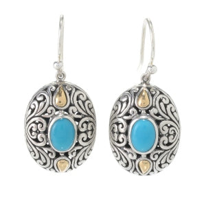 Samuel B Sterling Silver and 18K Yellow Gold Oval Balinese Design Sleeping Beauty Turquoise Earrings.