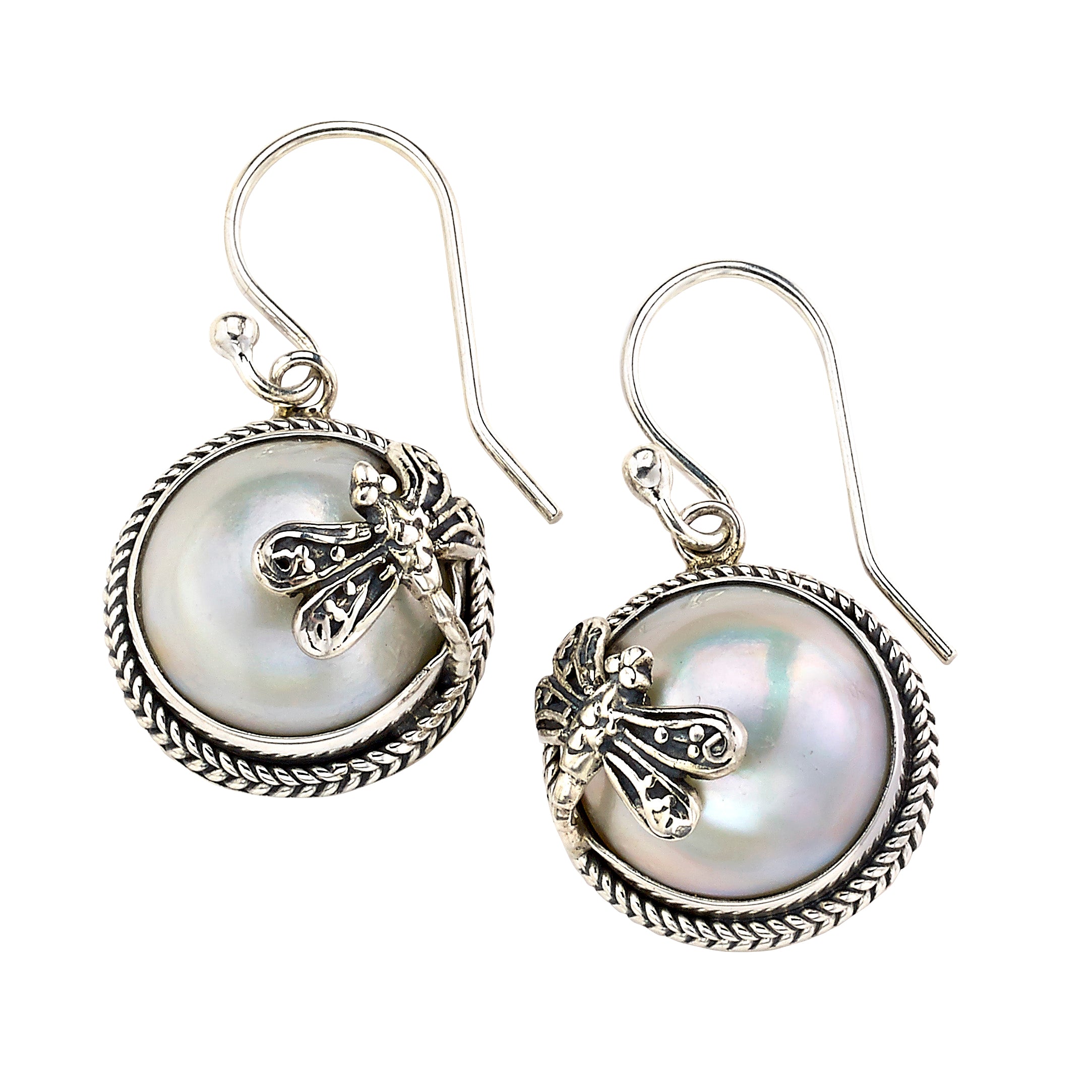 Samuel B Sterling Silver White Round Mabe Earrings with Dragonflies