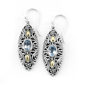 Samuel B Sterling Silver and 18K Yellow Gold Blue Topaz Marquise Shaped Balinese Design Elea Earrings