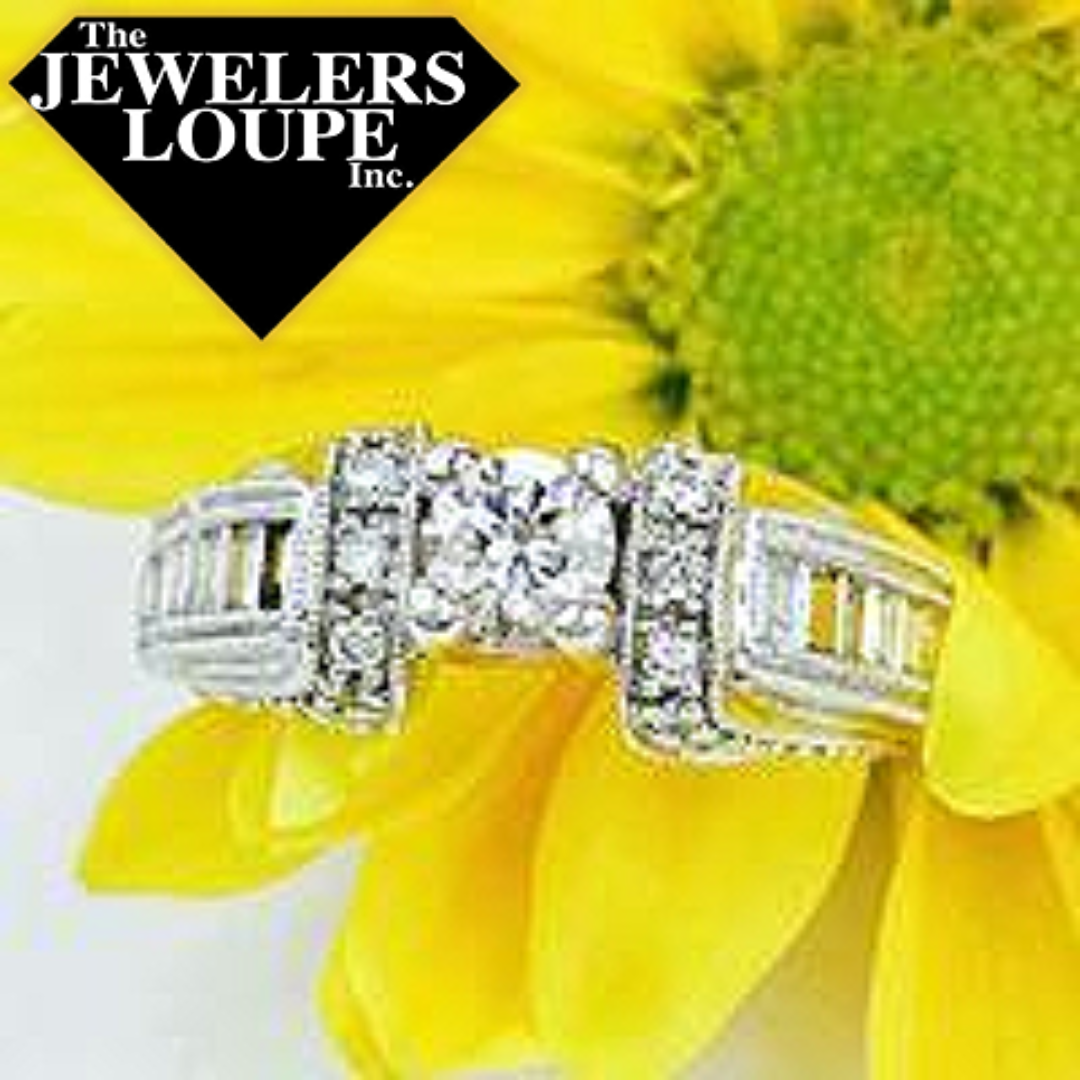 14K White Gold Vintage Style engagement ring with .88ctw in round and baguette shaped diamonds.