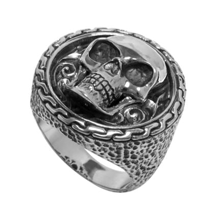 Samuel B. Sterling Silver Men's Round Skull Design Orak Ring, Size 10, is handcrafted in Bali by our skilled artisans. Each creation in the Imperial Bali™ Men’s Collections draws its power from mystic dragons, yet bows in reverence to nature and ancient Balinese patterns, weaves and textures.
