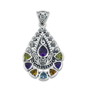 Samuel B Sterling Silver Amazing Multi Gemstone  Pear Pendant. Our Sterling Silver multi gemstone pendant, handcrafted in Bali by our skilled artisans. From our signature collection, Royal Bali™ featuring designs handcrafted using sterling silver and genuine gemstones.