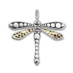 Our Sterling Silver 18k solid Gold hammered gold dragonfly pendant, handcrafted in Bali by our skilled artisans. From our Bali Privé™ collection which embodies the 2021 PANTONE™ Colors of the Year, showcasing the perfect combination of sterling silver and solid 18k gold.