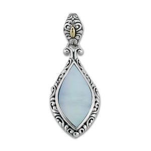 Our Sterling Silver 18k solid Gold mother of pearl pendant with filigree design, handcrafted in Bali by our skilled artisans. The Gems of the Sea collection is inspired by the beauty of the white beaches, sparkling sea and the flourishing coral reefs of Bali.