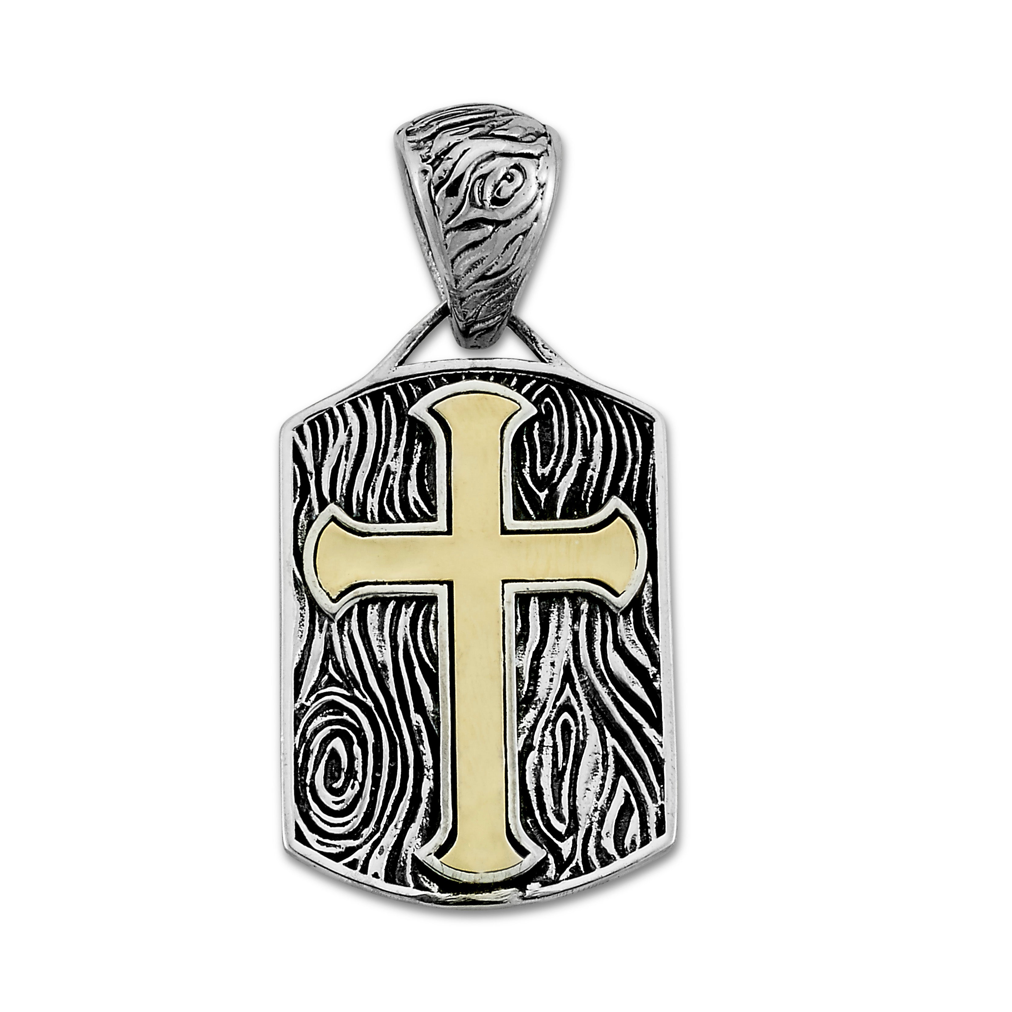 Samuel B Sterling Silver and 18K Yellow Gold Woodgrain Cross Dogtag Pendant. Handcrafted in Bali by our skilled artisans. Each creation in the Imperial Bali™ Men’s Collections draws its power from mystic dragons, yet bows in reverence to nature and ancient Balinese patterns, weaves and textures.