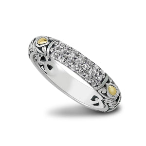 Samuel B. Sterling Silver and 18K Yellow Gold Accented Pave White Topaz Glitter Ring, Size 8. Handcrafted in Bali by our skilled artisans. From our signature collection, Royal Bali™ featuring designs handcrafted using sterling silver and genuine gemstones.
